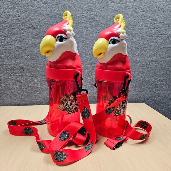 2 Rainforest Cafe Parrot Souvenir Bottles 12” Lanyard Sipper Straw 20oz BPA Free - Picture 1 of 6